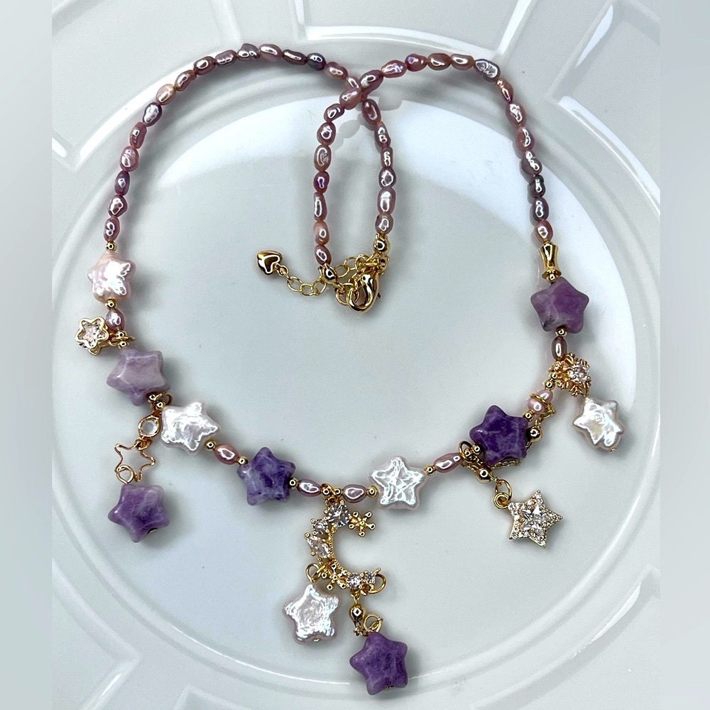 Handmade Freshwater Cotton Candy Star ⭐️ Pearl Charoite Crystal Necklace